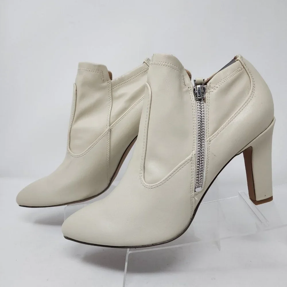 Franco Sarto Pumps Womens 9.5 Beige Kaye Pointed Toe Cream Booties Heels Zip